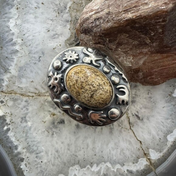 Carolyn Pollack Sterling Silver Oval Picture Jasper Petroglyph Ring For Women - Picture 2 of 10